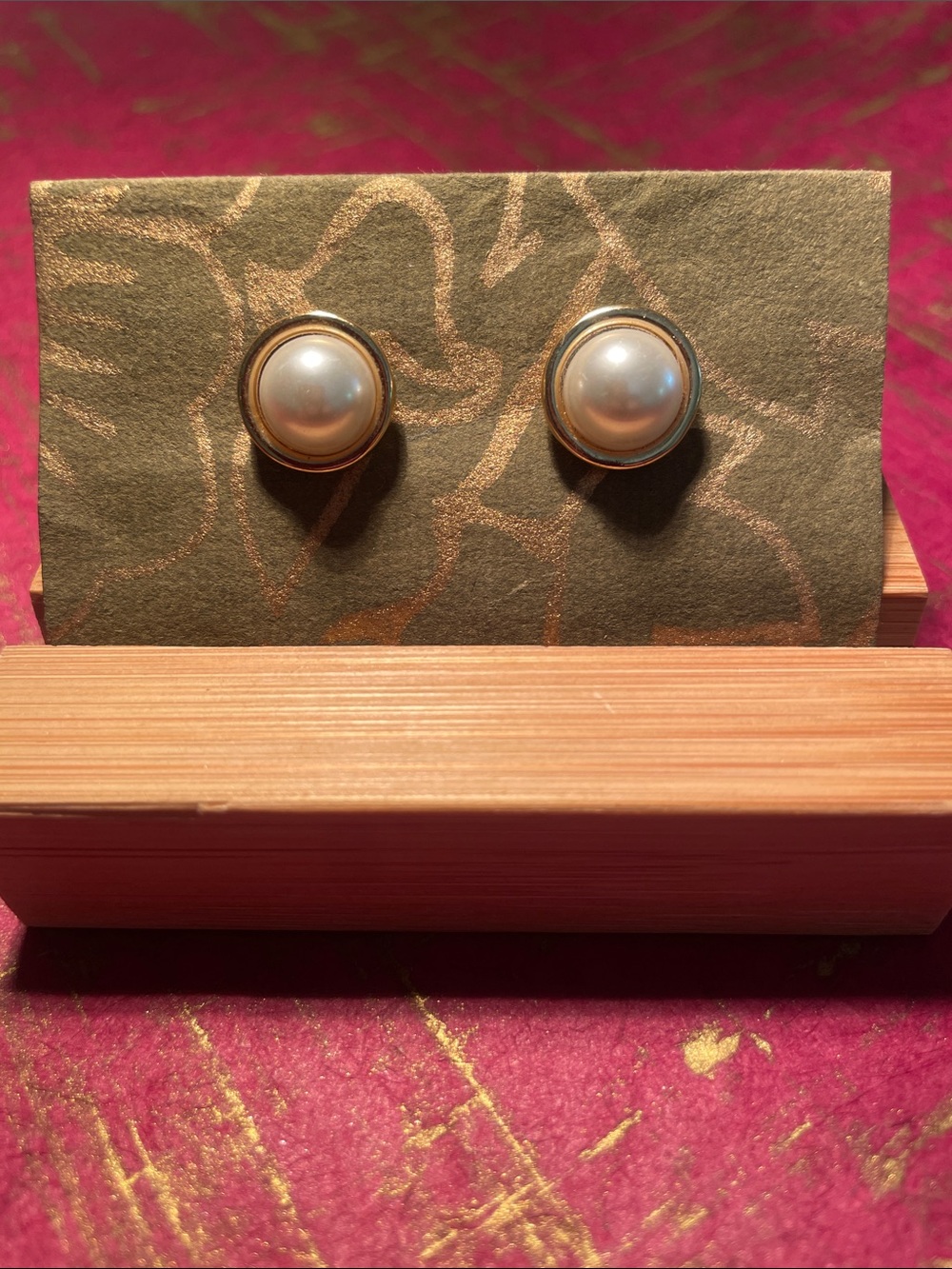 Classic Pearl Button Stud Earrings - White with Gold Trim - Costume jewelry